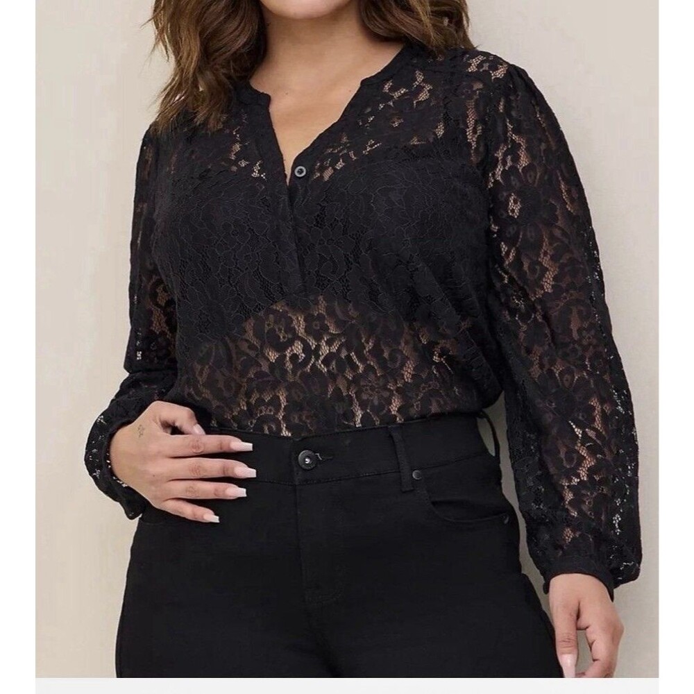 Torrid Black Floral Lace Sheer V-Neck Long Sleeve Blouse Plus Size 1